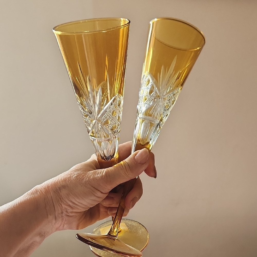 Set of 2 Pottery Barn Antoque Cut Flutes Amber Etched 9.5" H